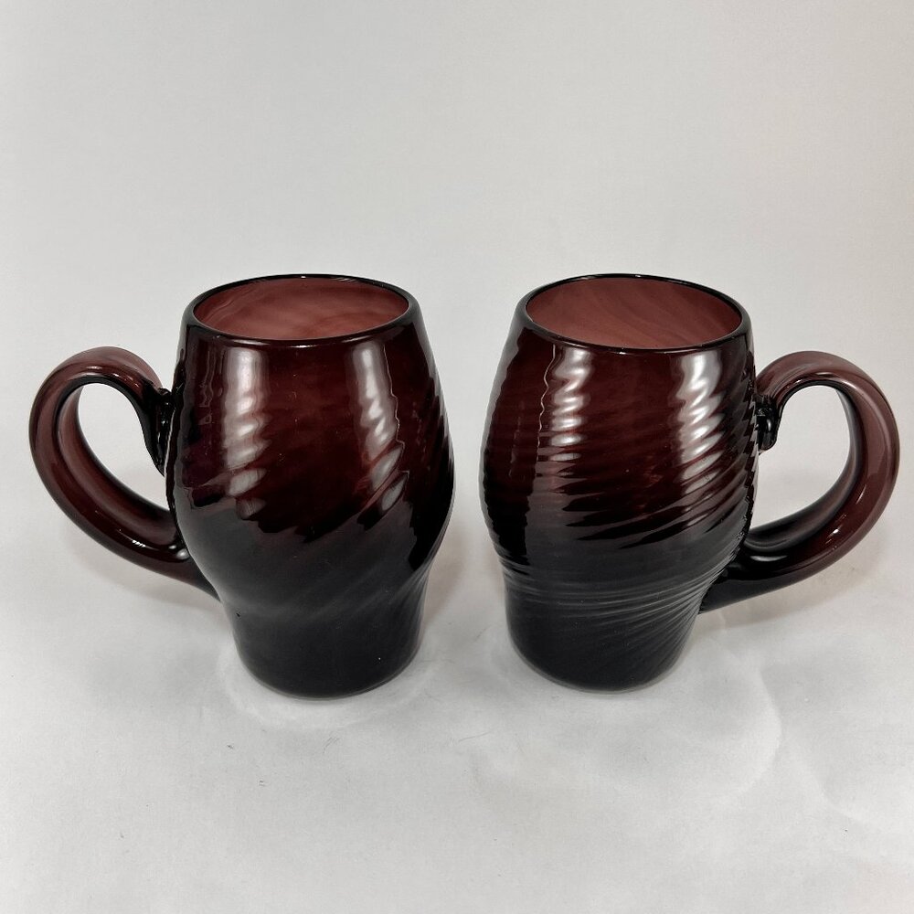 Hand Blown Crafted Cup Mug Amethyst Purple Glass Swirl Applied Handle Lot of 2